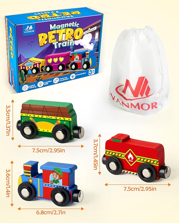 Vanmor Wooden Magnetic Train Set for Toddlers,10-Piece Educational Toy Cars with Magnets, Includes Storage Bag, Skill-Building Wooden Trains for Boys & Girls, for Kids 3-5 and 4-8 Years
