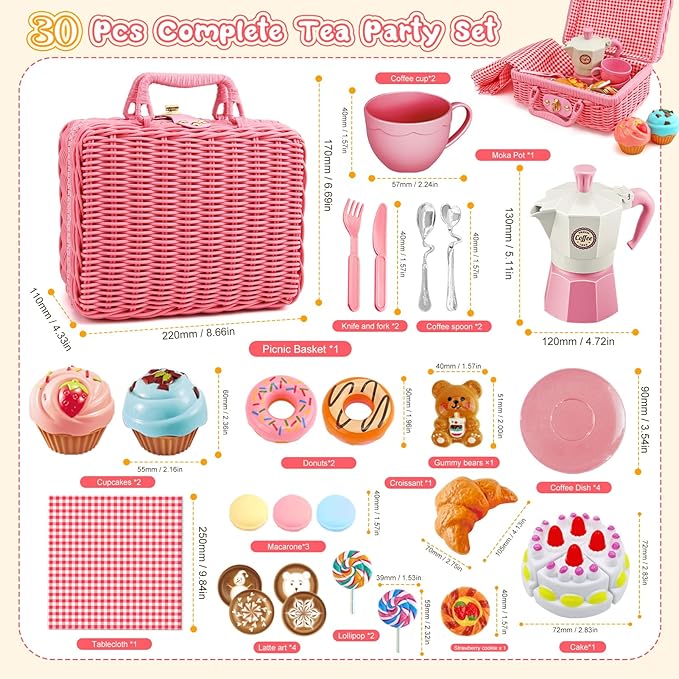 Tea Party Set for Little Girls, 30 Pcs Picnic Basket Set with Carry Case, Teapot, Tea Cup, Dessert & Table Cloth, Pretend Play Toy Gifts for Kids 4 5 6 Year Old (Pink)…