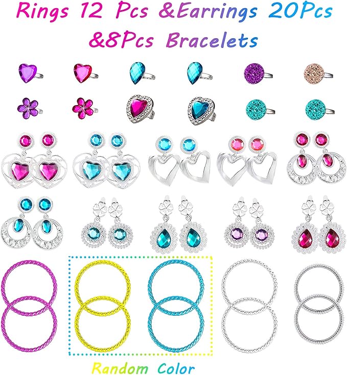 WATINC 52Pcs Princess Jewelry Toy Pretend Play Capes Cloaks Ballet Tutu Skirts for Little Girls Crowns Necklaces Jewel Rings Earrings Bracelets Wands Cape Shawl Costume Dress Up Accessories for Kids
