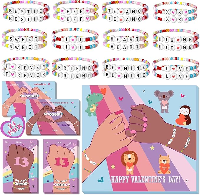 Valentines Day Cards for Kids School - 28 Pack Taylor Friendship Valentines Cards for Kids, Valentines Bracelets, Valentines Day Gifts for Girls, School Classroom Valentines Day Exchange Gift