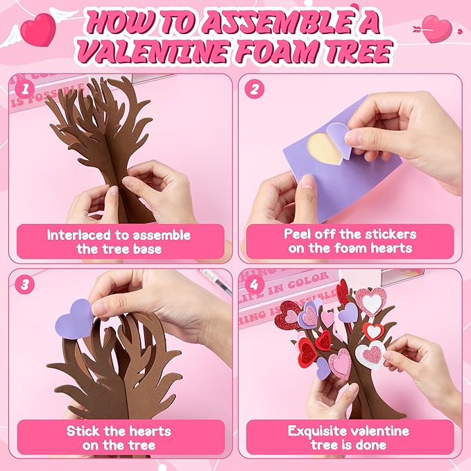BeYumi 12 Pack Valentine’s Day Thankful Heart Trees Foam Craft Kits for Kids Make Your Own Valentine DIY Heart Trees Decorations Gratitude Tree Craft Set Holiday School Home Party Fun Activities Decor
