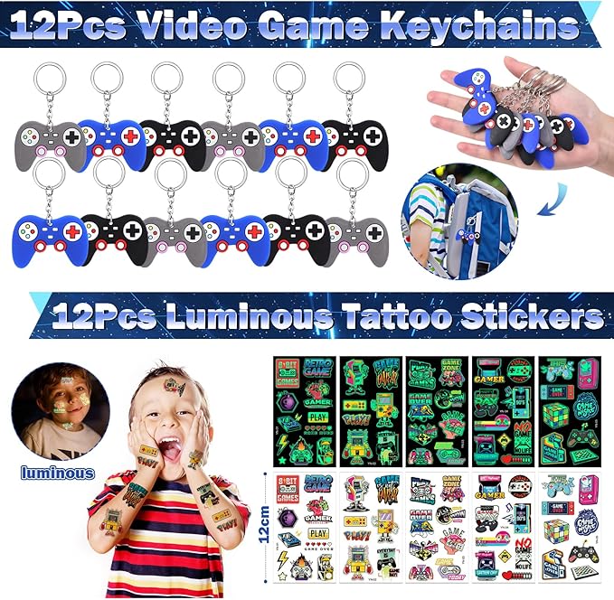Winrayk 136Pcs Kids Video Game Party Favors Gamer Birthday Supplies, Straw VIP Pass Bag Bracelet Stamper Glow Sticker Keychain, Pinata Filler Goody Stuffer Girl Boy Game On Gaming Party Favors Decor