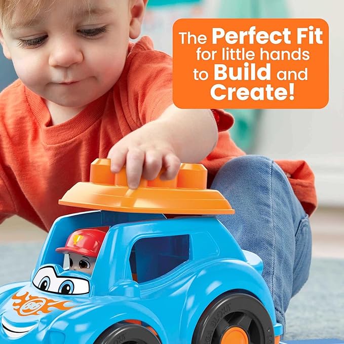 Mega BLOKS First Builders Toddler Building Blocks Toy Set, Ricky Race Car with 6 Pieces and Storage 1 Figure, 1+ Years