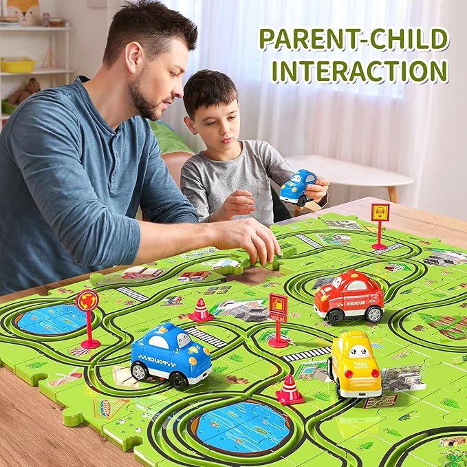 TEMI 64 PCS New Plastic Puzzles, car Tracks playset for Kids Ages 3-5 with 3 Cute Vehicle 4 5 6 Year