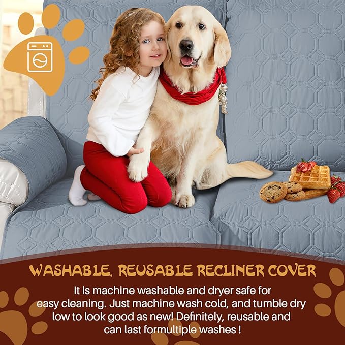 XINEAGE 100% Waterproof Recliner Chair Cover, Non Slip Covers for Recliner Chair with Pocket, Washable Dog Recliner Couch Cover with Elastic Straps (Grayish Blue, 23.6")