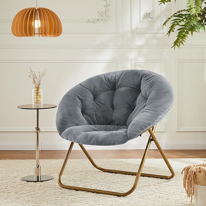 Sweetcrispy Cozy Saucer Chairs Faux Fur Living Room Reading Lounge Furniture Folding Comfy with Soft Thick Padded Seat Metal Frame Modern Style for Bedroom Home Adults, X-Large, Grey