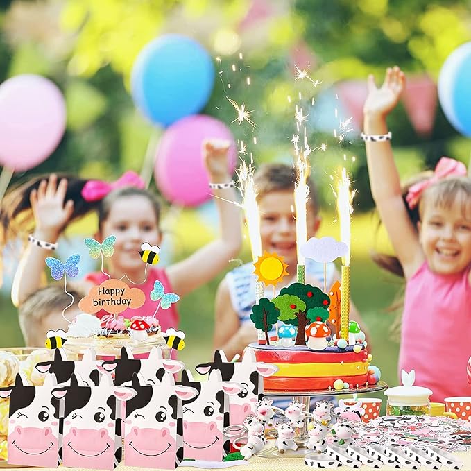 86 Pcs Cow Party Favors Supplies Include Cow Keychains Cow Silicone Bracelets Cow Party Paper Bags Treat Bags Cow Vinyl Stickers for Girls Kids Cow Farm Animals Cowboy Birthday Party Supplies