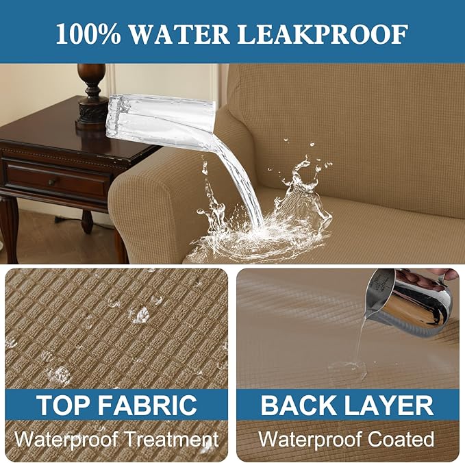 100% Waterproof Jacquard Fabric Couch Cover, Dual Layer with TPU Film, Leakproof High Elasticity Non-Slip Washable Furniture Protector for Pets, Dogs, Cats and Kids (Loveseat,Leather Brown)