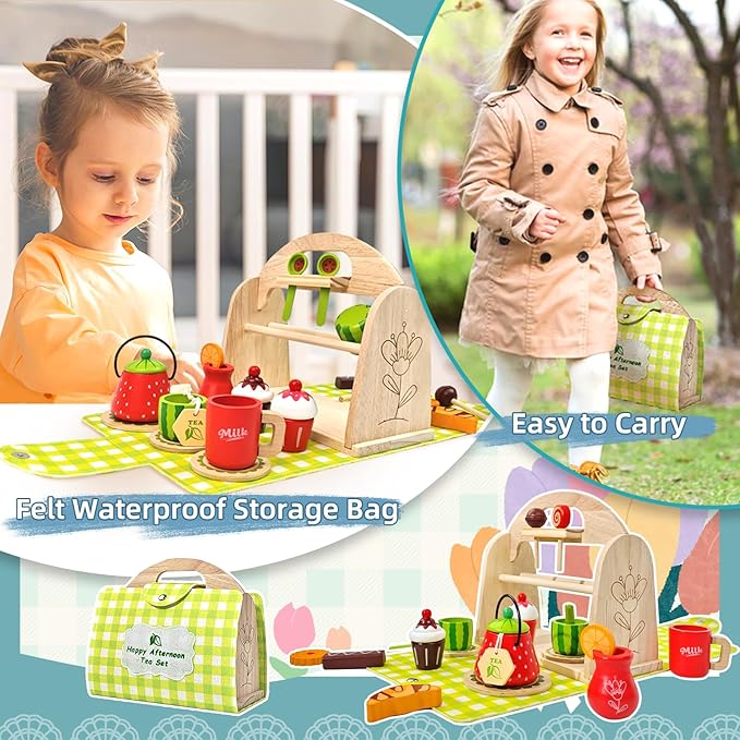 Wooden Tea Party Set for Little Girls with Handbag, Pretend Play Food Toys Kitchen Accessories Playset for Kids Toddlers 2 3 4 5