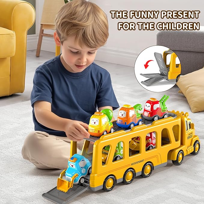 TEMI Construction Engineering Toys for 3 4 5 6 7 8 Years Old Kids - Truck Toys for Kids, Transport Vehicle Carrier Truck 3