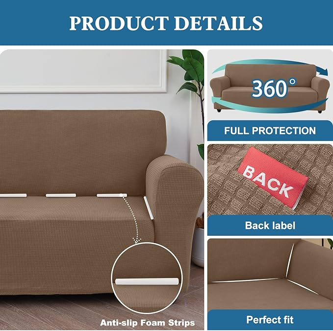 100% Waterproof Jacquard Fabric Couch Cover, Dual Layer with TPU Film, Leakproof High Elasticity Non-Slip Washable Furniture Protector for Pets, Dogs, Cats and Kids (Loveseat,Taupe)