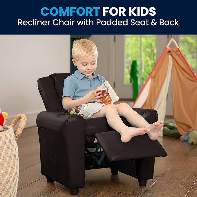 Flash Furniture Vana LeatherSoft Kids Recliner with Cup Holder, Headrest, and Safety Recline, Contemporary Reclining Chair for Kids, Supports up to 90 lbs., Brown