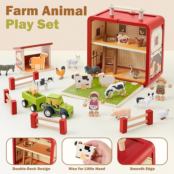 Toyssa Wooden Barn Farm Animals Toys for Toddlers 3-6 with Storage Box & Magnetic Tractor, Preschool Montessori Educational Learning Toys , Christmas Birthday Gift for Boys Girls Kids 2 3 4 5 6