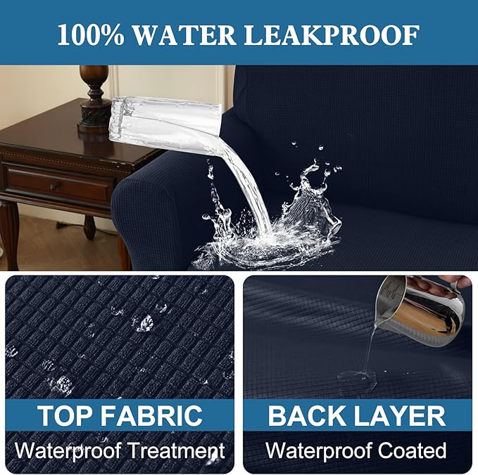 100% Waterproof Jacquard Fabric Couch Cover, Dual Layer with TPU Film, Leakproof High Elasticity Non-Slip Washable Furniture Protector for Pets, Dogs, Cats and Kids (Loveseat,Navy Blue)