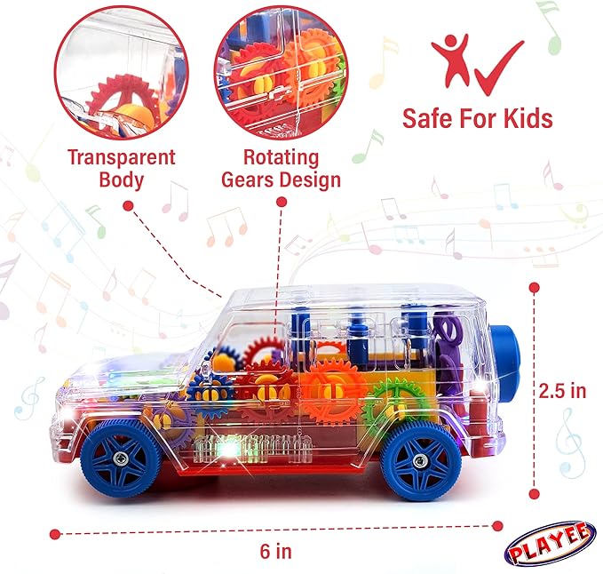 SUV Bump and Go Off Road Vehicle with Moving Gears – Light Up Transparent Toy with Music and LED Lights 8 Inch