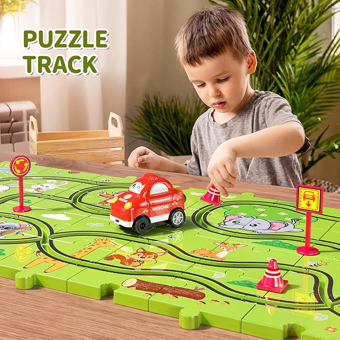 TEMI 32 PCS New Plastic Puzzles, car Tracks playset for Kids Ages 3-5 with 3 Cute Vehicle 4 5 6 Year