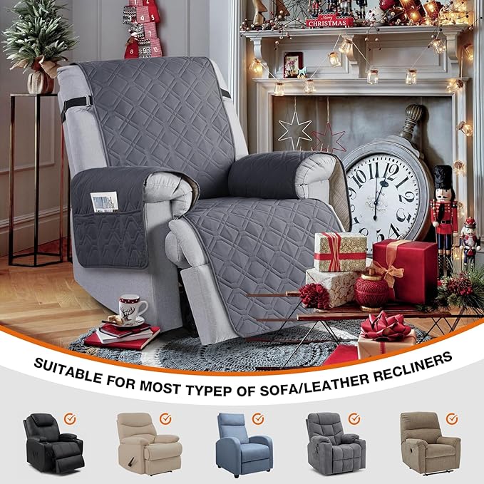 VANSOFY 100% Waterproof Recliner Chair Covers, Recliner Cover Non-Slip Dog Chair Cover Furniture Protector Washable Slipcover with Pocket, Elastic Straps for Pets, Dogs(Dark Gray, 30")