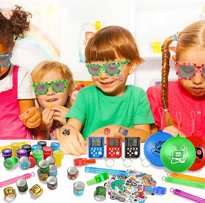 Video Game Party Favors, Gaming Birthday Party Supplies with Mini Game Player Pixel Sunglasses Finger Lights Slap Bracelet Punch Balloon Stamp Bubble Wand 92pcs Birthday Party Favors for Kids