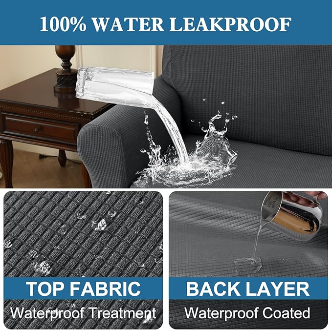 100% Waterproof Jacquard Fabric Couch Cover, Dual Layer with TPU Film, Leakproof High Elasticity Non-Slip Washable Furniture Protector for Pets, Dogs, Cats and Kids (Chair,Gray)