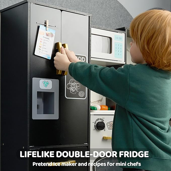 Wooden Corner Kitchen for Toddlers, Pretend Play Playset with Fake Food Toys, Real Lights & Sounds, Double-Door Fridge, Ice Maker & Cookware Accessories, Play Kitchen Set for Kids, Gift for Ages 3+