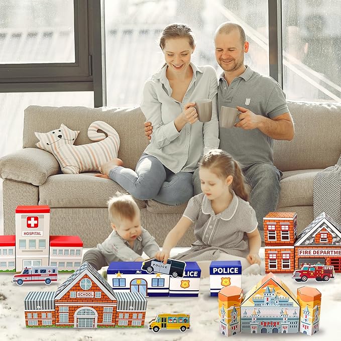 Cardboard Building Blocks, 31 Pack Cardboard Blocks for Kids Jumbo with 5 Building Designs, Thick Cardboard Pretend Brick Blocks for Building and Stacking Game