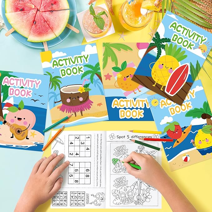 Summer Activity Books for Kids - 24Pcs Coloring Fruits Books Set Bulk Summer Tropical Search Mazes Word Scramble Games Mini Books for Party Goodie Bags Stuffers School Classroom Favors