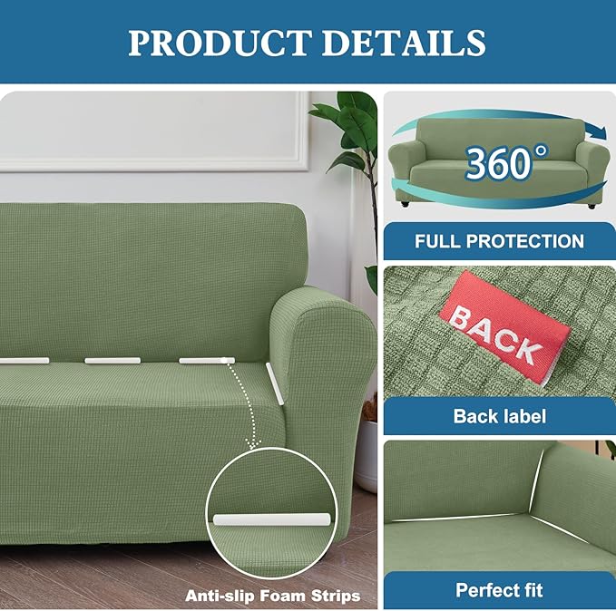 100% Waterproof Jacquard Fabric Couch Cover, Dual Layer with TPU Film, Leakproof High Elasticity Non-Slip Washable Furniture Protector for Pets, Dogs, Cats and Kids (Loveseat,Grass Green)