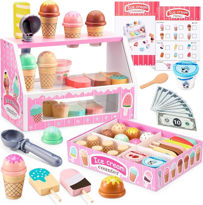 WHOHOLL Wooden Ice Cream Counter Playset for Toddler Girl Toys, Play Store Pretend Toy Food Play Kitchen Accessories with Fake Money & Coin, Gifts for 3+ Year-Old Kids (Pink)