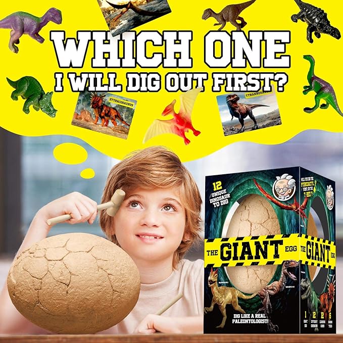 XXTOYS Dinosaur Egg Dig Kit, Unearth a Jumbo Dino Egg with 12 Unique Large Surprise Dinosaur Toys, Ideal Educational STEM Toys and Gifts for Kids Aged 5-7, Suitable for Party and Easter