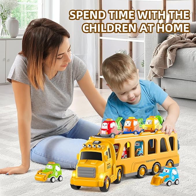 TEMI Construction Engineering Toys for 3 4 5 6 7 8 Years Old Kids - Truck Toys for Kids, Transport Vehicle Carrier Truck 3