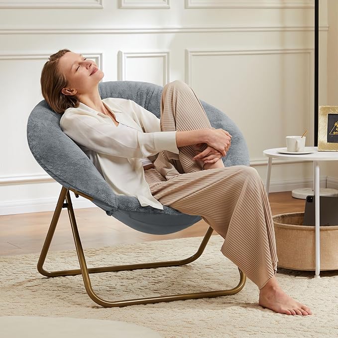 Sweetcrispy Cozy Saucer Chairs Faux Fur Living Room Reading Lounge Furniture Folding Comfy with Soft Thick Padded Seat Metal Frame Modern Style for Bedroom Home Adults, X-Large, Grey