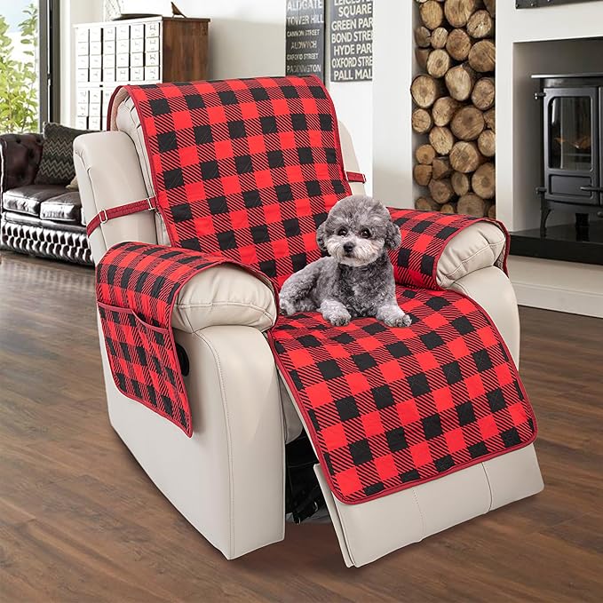 TOMORO Non-Slip Quilted Recliner Cover, 100% Waterproof Recliner Chair Slipcover Furniture Protector with Pockets, Washable Couch Cover with Elastic Straps for Kids and Pets,23 Inch