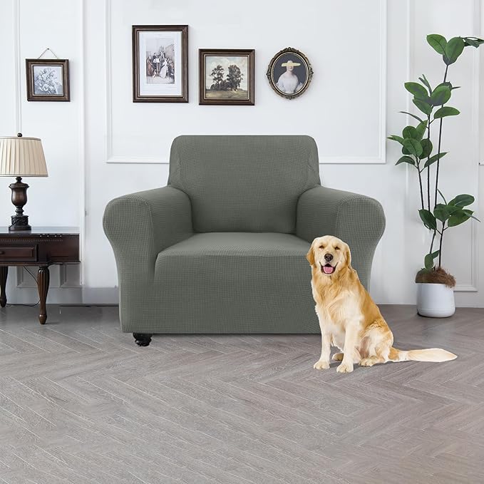 100% Waterproof Jacquard Fabric Couch Cover, Dual Layer with TPU Film, Leakproof High Elasticity Non-Slip Washable Furniture Protector for Pets, Dogs, Cats and Kids (Chair,Light Gray)