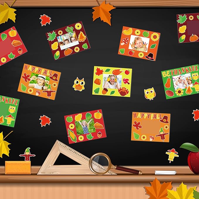 chiazllta 30 Packs Thanksgiving Fall Picture Frame Craft Kits for Kids, DIY Pumpkin Maple Leaf Turkey Craft Autumn Holiday Art Favor Home Class Kindergarten Game Activities