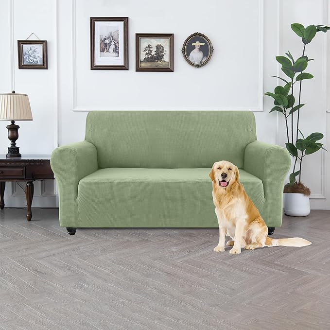 100% Waterproof Jacquard Fabric Couch Cover, Dual Layer with TPU Film, Leakproof High Elasticity Non-Slip Washable Furniture Protector for Pets, Dogs, Cats and Kids (Loveseat,Grass Green)