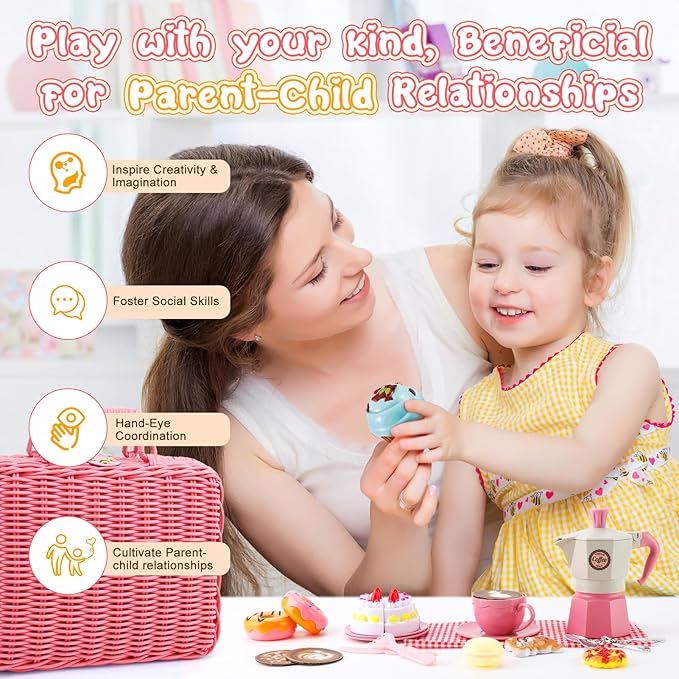 Tea Party Set for Little Girls, 30 Pcs Picnic Basket Set with Carry Case, Teapot, Tea Cup, Dessert & Table Cloth, Pretend Play Toy Gifts for Kids 4 5 6 Year Old (Pink)…