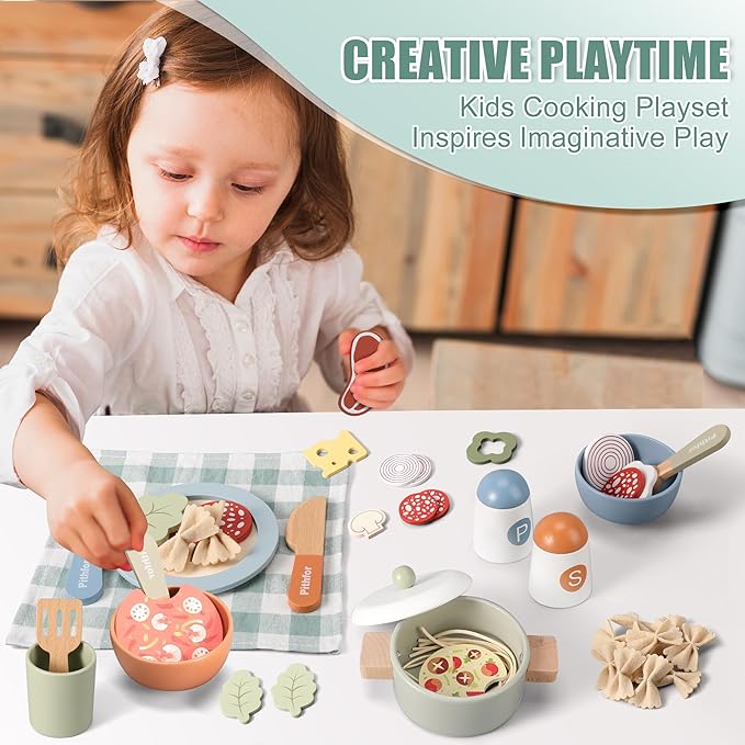 Wooden Play Cooking Set, Pretend Play Kitchen Accessories Toys Set for Kids Toddlers, Including Play Dishes, Pot and Pan, Utensils, Gifts for 3 4 5 Years Old Girls Boys