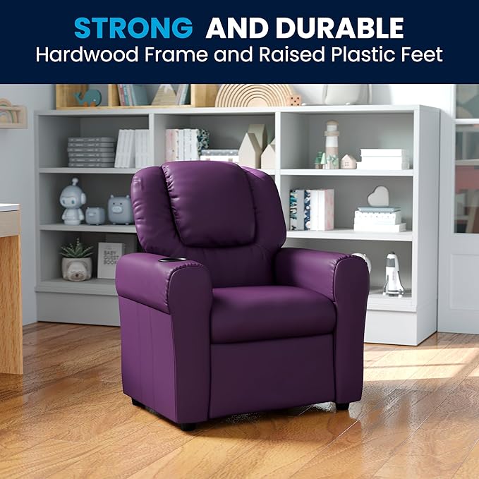 Flash Furniture Vana Vinyl Kids Recliner with Cup Holder, Headrest, and Safety Recline, Contemporary Reclining Chair for Kids, Supports up to 90 lbs., Purple
