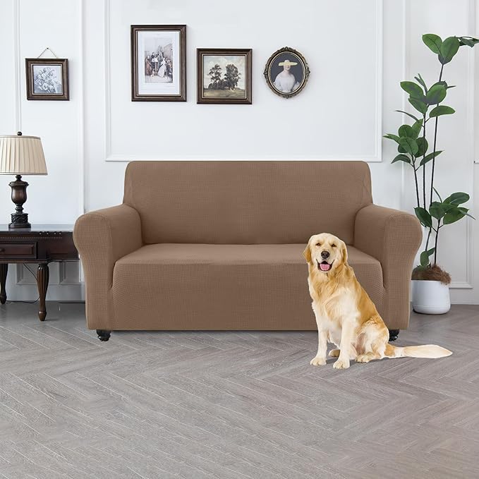 100% Waterproof Jacquard Fabric Couch Cover, Dual Layer with TPU Film, Leakproof High Elasticity Non-Slip Washable Furniture Protector for Pets, Dogs, Cats and Kids (Loveseat,Taupe)