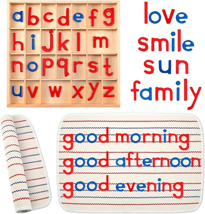 Montessori Letters Movable Wood Alphabet with Box and Large Mat Small Wooden Alphabet Letters Montessori Trays Preschool Spelling Learning Language Materials Objects, Red, Blue