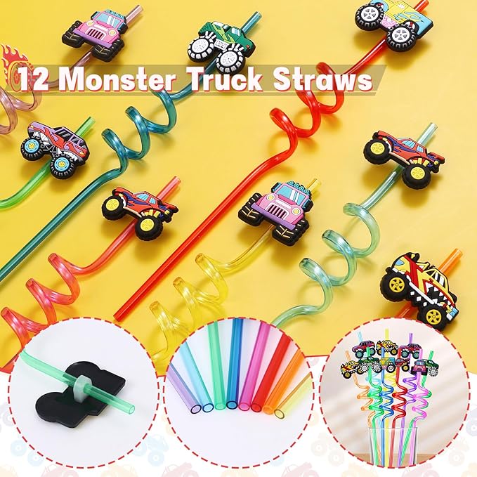 Winrayk Monster Truck Party Favors Kids Birthday Supplies, Invisible Ink Pen Notebook Straw Gift Bag DIY Sticker Keychain Slap Bracelet, Pinata Filler Goody Stuffer Game Boys Monster Truck Party Decor
