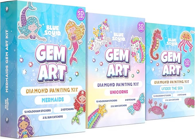 Blue Squid Diamond Art Kits for Kids β Fun & Easy DIY 5D Gem Art Gift Set for Keychains, Stickers, Sun Catchers - Diamond Painting Arts & Crafts Kit for Kids, Girls, Boys Ages 6 7 8 9 10 11 12