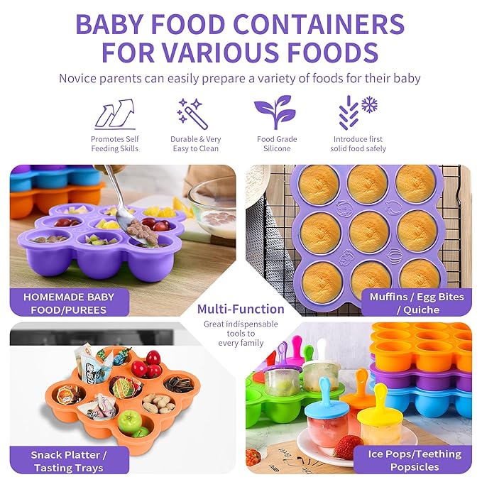WAJIAYON Baby Food Storage Container, Silicone Baby Food Freezer Tray with Lid