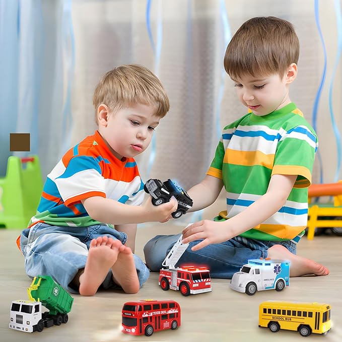 Toy Cars for Toddlers - 6Pcs Pull Back Cars Toys with Light and Sounds, City and emergency vehicles set