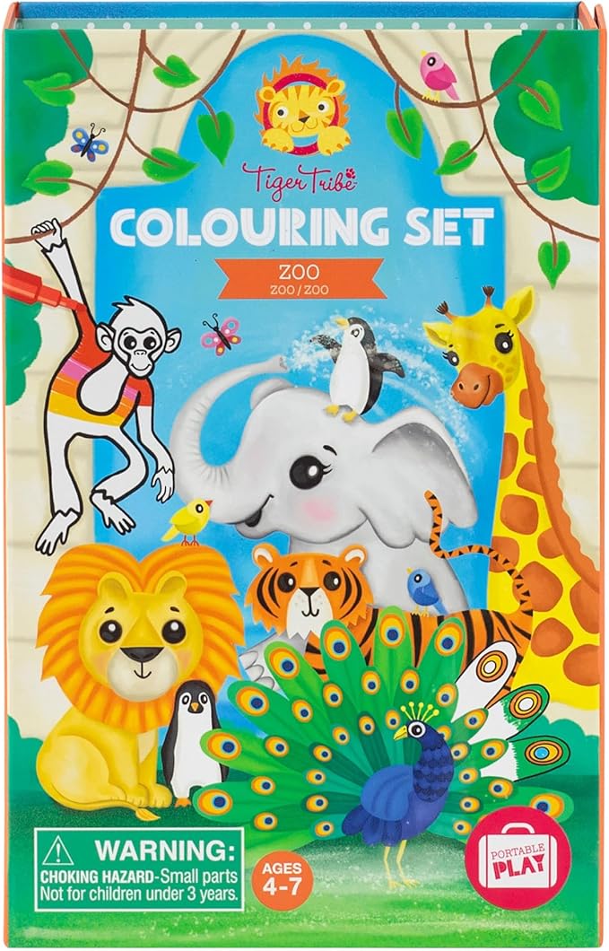 Tiger Tribe: Coloring Set - Zoo - Activity Set w/Stickers, Coloring Pages & Markers Stored Inside Magnetic Sealed Storage Box, Portable, Kids Age 4+