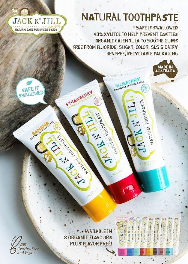 Jack N' Jill Natural Toddler Toothpaste for Baby, Kids and Infants 6 Months & Up, Fluoride Free Training Toothpaste for Toddlers 1-3 (1.76 Fl Oz (Pack of 2), Blueberry & Blackcurrant)