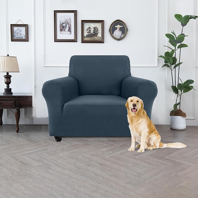 100% Waterproof Jacquard Fabric Couch Cover, Dual Layer with TPU Film, Leakproof High Elasticity Non-Slip Washable Furniture Protector for Pets, Dogs, Cats and Kids (Chair,Berlin Blue)