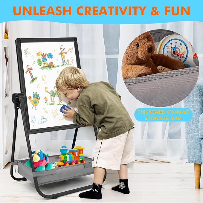 WEYOUNG Easel for Kids Easel for Toddlers, Adjustable Standingg Metal Toddler Easels Whiteboard & Chalkboard for Kids, Magnetic Art Easel for Kids Age 2-4 4-8 9-12, Black
