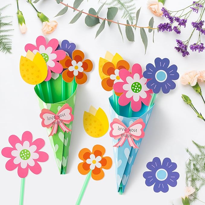 BeYumi Flower Bouquet Craft Kit - 72Pcs Mother's Day Flower Bouquet Craft in Two Colors for Kids Make Your Own Flower Bouquet Teacher Appreciation Week DIY Gift School Classroom Home Fun Activities