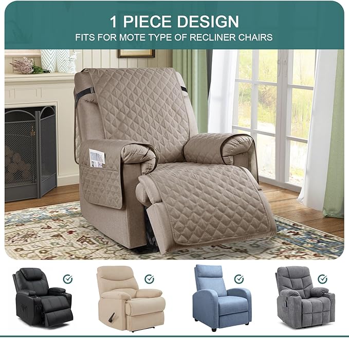 Ruaozz 100% Waterproof Recliner Chair Cover Non-Slip Oversized Reclining Cover for Large Recliner Chair Washable Chair Seat Cover with Elastic Straps for Kids, Dogs, Pets (Pale Brown, 28'')